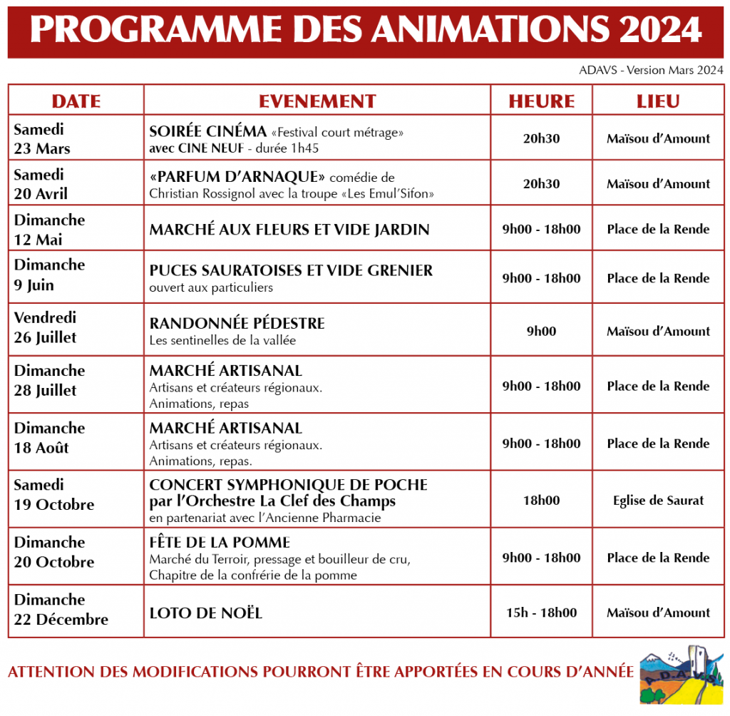 programme animations ADAVS 2014